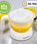 Elite Gourmet Compact Electric Citrus Juicer In White 30 Watt With 16 Oz Capacity for squeezing fresh citrus juice.