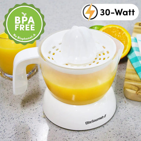 Elite Gourmet Compact Electric Citrus Juicer In White 30 Watt With 16 Oz Capacity for squeezing fresh citrus juice.