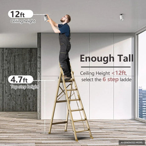 Six Step Folding Ladder For 12 Foot Ceilings Aluminum Stepladder With Gold Finish Portable Stool With Shelf EZ Fold And Store, 4.7 ft top step