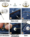 Jeans Button Replacement Kit With Ten Metal Snap Buttons And Tools For Quick No Sew Installation Bronze Finish Easy Snap In System Works On Jeans And Pants Durable And Versatile Garment Fix installation steps