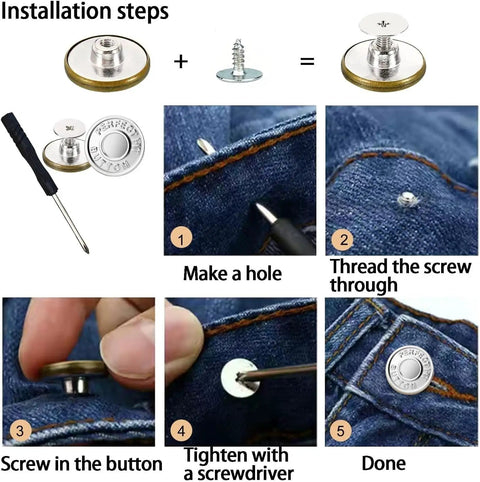 Jeans Button Replacement Kit With Ten Metal Snap Buttons And Tools For Quick No Sew Installation Bronze Finish Easy Snap In System Works On Jeans And Pants Durable And Versatile Garment Fix installation steps