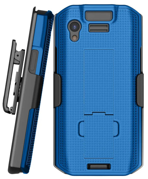 Sweet Kickstand Hard Shell Case And Rotating Belt Holster Bundle For Portable Scanners Featuring Snappy Trigger Access and Dependable Daily Workhorse, blue rugged case side view.
