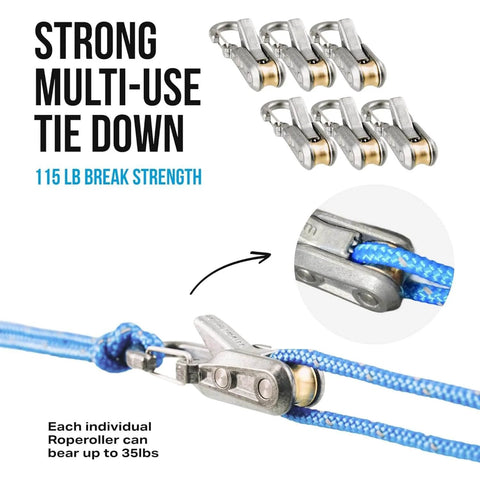 Durable Marine Grade Rope Tensioner with Roller for Easy Secure Tying, Six Pack Paracord Adjusters, 115 lb Break Strength, close-up view.