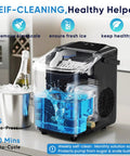 Portable Countertop Ice Maker With Handle Serving Up Fresh Bullet Ice In Under Ten Minutes Delivering Twenty Six Pounds Daily, showing self-cleaning feature.