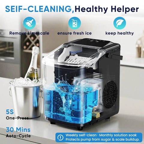 Portable Countertop Ice Maker With Handle Serving Up Fresh Bullet Ice In Under Ten Minutes Delivering Twenty Six Pounds Daily, showing self-cleaning feature.
