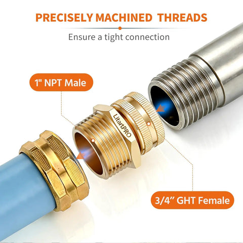 Brass Swivel Hose Adapter Three Quarter Inch GHT Female To One Inch NPT Male For Garden Hoses And Pipe Threaded Systems Lead Free Durable Brass Leak Free Connection One Piece, 3/4 GHT female to 1 NPT male threaded connection