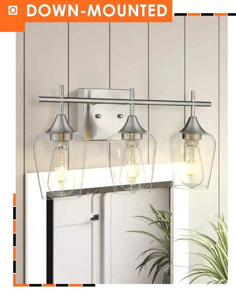 Three Light Vanity Light Fixture Over Mirror in Brushed Nickel With Clear Glass Wine Glass Shades, Modern Farmhouse Bathroom Lighting