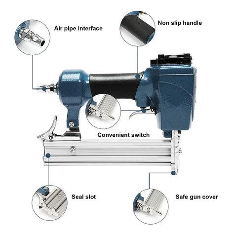 Heavy Duty Cast Aluminum Air Brad Nailer features non-slip handle, air pipe interface, and convenient switch for woodworking tasks.