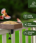 Clamp On Deck Bird Feeder With 11 Inch Hexagon Tray No Drill Balcony Railing Mount 2.2 Inch Clamp Adjustable Recycled Plastic Seed Tray Metal Mesh Drainage Easy Clean 3 Lb Seed Capacity Brown
