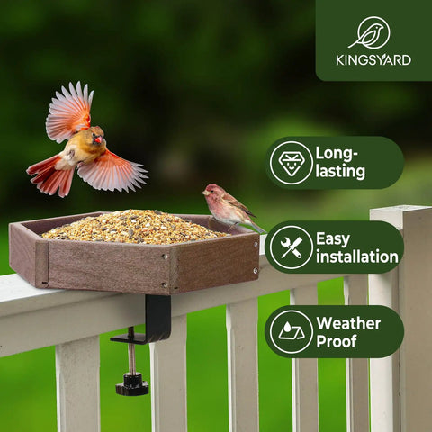 Clamp On Deck Bird Feeder With 11 Inch Hexagon Tray No Drill Balcony Railing Mount 2.2 Inch Clamp Adjustable Recycled Plastic Seed Tray Metal Mesh Drainage Easy Clean 3 Lb Seed Capacity Brown