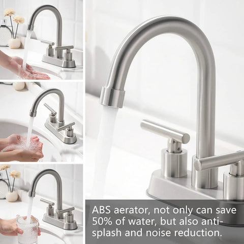 Brushed Nickel 4 Inch Centerset Two Handle Bathroom Faucet with Stainless Steel Build Pop Up Drain and Included Water Supply Lines