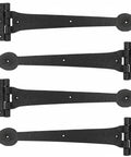 Solid As A Rock 15 Inch Heavy Duty T Strap Hinges 4 Pack With Mounting Fasteners Black Powder Coated Rust Resistant Wrought Iron Barn Door Hardware, showing four black strap hinges.