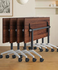 Hassle Free Adjustable Flip Up Folding Desk With Smooth Rollin Casters For Home Office Setup, featuring a compact folded design and durable wheels.