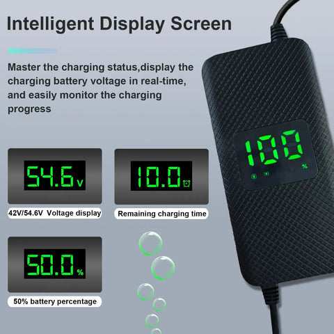 Fast Charge 54.6V 2A Electric Scooter Charger With LED Display showing voltage and battery percentage