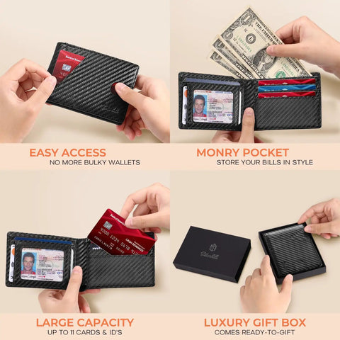 Slim RFID Leather Bifold Wallet For Men Minimalist Card Holder For 6 To 11 Cards With ID Window And Cash Slot shown in use