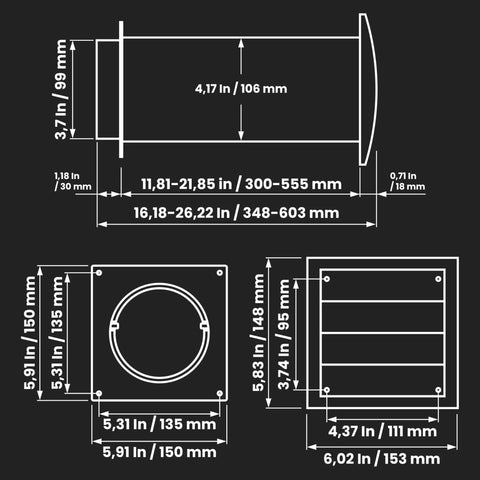 4 Inch Plastic Through Wall Dryer Vent Kit With Easy Adjustable Length From 11.81 To 21.85 Inches, Louvered Dryer Vent Cover With Pipe And Duct Connector, White Finish, Built In Gravity Flaps And Guard Mesh