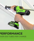 Person using Cordless 24V Caulk And Adhesive Gun With 10 Oz Cartridge, 6-Speed Variable Flow on white surface