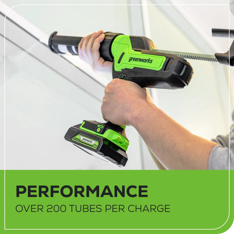 Person using Cordless 24V Caulk And Adhesive Gun With 10 Oz Cartridge, 6-Speed Variable Flow on white surface