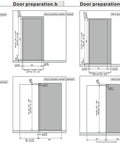 Door preparation diagrams for Concealed Sliding Barn Door Hardware With Soft Close, Trackless Wall-Mount System for 40 to 44 inch openings.