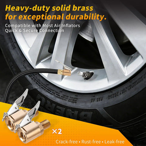 4 Pack 8mm Brass Tire Air Chuck Quick Connect Adapter attached to car tire for secure inflation, fits Milwaukee pumps
