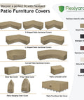 Flexiyard patio furniture covers in various shapes and colors, including sectional, loveseat, and hanging chair covers.