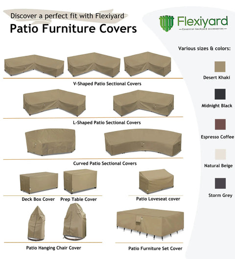 Flexiyard patio furniture covers in various shapes and colors, including sectional, loveseat, and hanging chair covers.