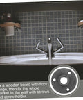 Close-up of a decorative floor flange set of 10 malleable iron fittings used with a sink installation in a bathroom.