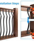 Installation steps for Tough As Nails Wave Deck Balusters 26 Pack Smooth Steel Railing Spindles on a wooden frame.