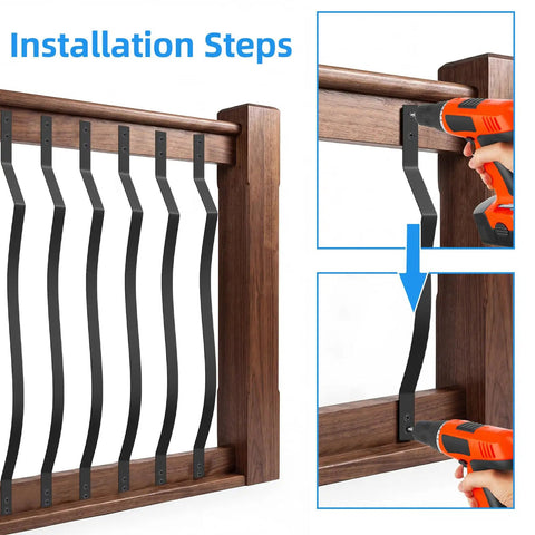 Installation steps for Tough As Nails Wave Deck Balusters 26 Pack Smooth Steel Railing Spindles on a wooden frame.