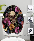 Elongated Resin Toilet Seat for Bathroom with floral design and skull pattern, 18.5 inches long, easy to install.