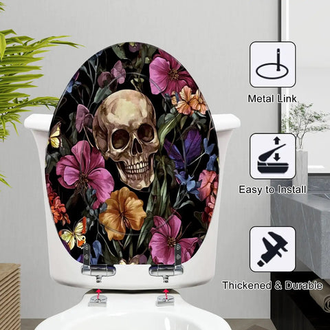 Elongated Resin Toilet Seat for Bathroom with floral design and skull pattern, 18.5 inches long, easy to install.