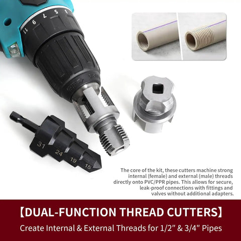 PVC Pipe Threading Tool Kit Three Piece Set For Electric Drill With One Half Inch And Three Quarter Inch Internal