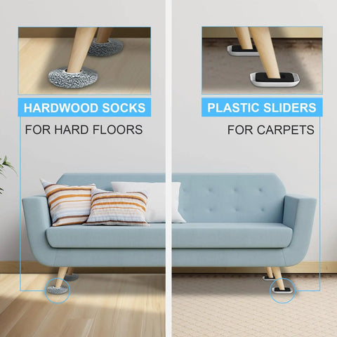 Heavy Duty Furniture Movers And Sliders For Carpet And Hardwood Floors Featuring Reusable Plush Sock Pads for smooth movement.