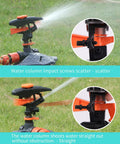 360 Degree Yard Sprinkler With Adjustable 45 To 90 Degree Spray, demonstrating water scatter and straight spray on grass