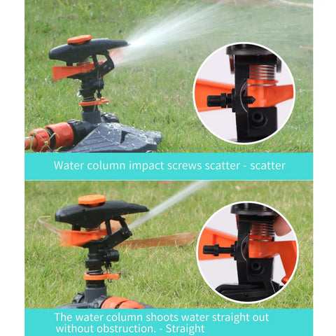 360 Degree Yard Sprinkler With Adjustable 45 To 90 Degree Spray, demonstrating water scatter and straight spray on grass