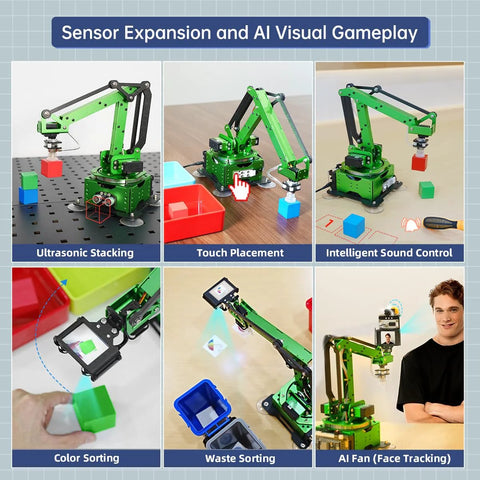LewanSoul robotic arm kit with suction nozzle and green base; features six demo modes.