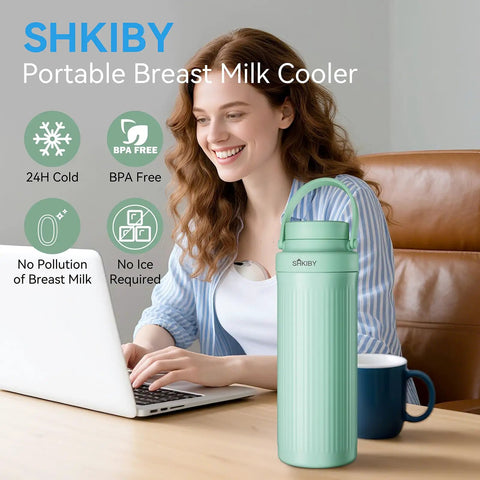 Totally Clutch Game Changer Portable Breast Milk Cooler With 360 Degree Chill Tech, 20oz BPA Free, used by mom at desk.