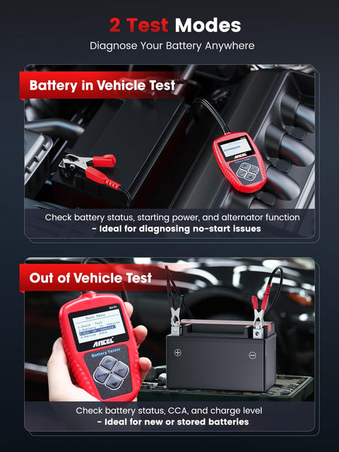 BA101 12V Car Battery Tester Digital Automotive Alternator Meter with 100 to 2000 CCA performing vehicle and out-of-vehicle tests