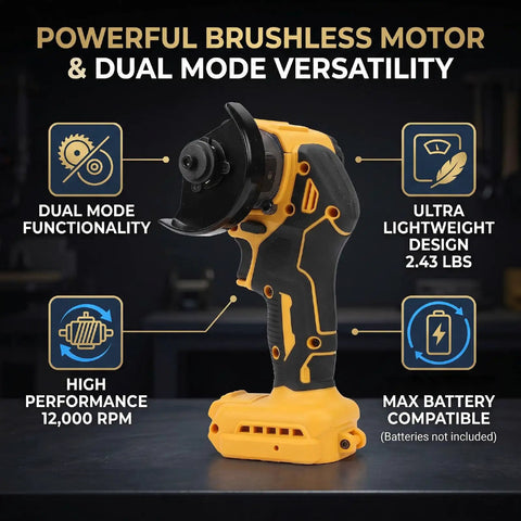 Badass Cordless Mini Circular Saw With Brushless Motor Spins At 12000 RPM And 3 Adjustable Speeds With Dual Mode Capability to flip into an angle grinder.