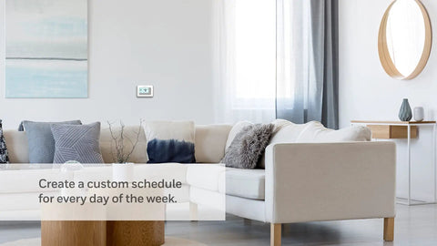 Living room with 7 Day Flexible Programmable Thermostat With Extra Large Backlit Display White on wall.