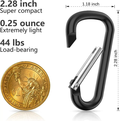 2 Point 28 Inch Small Aluminum Carabiner Clips Set Of 20 with size, weight, and load-bearing details shown alongside a coin.