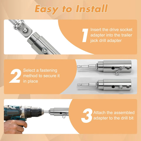 Easy installation steps for Tough As Nails Trailer Jack Drill Adapter crafted from upgraded stainless steel for RV maintenance.
