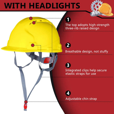 Side view of 20 Pack 4 Point Suspension Hard Hats Bulk Safety Helmets in yellow, highlighting design features with ventilation and chin strap.