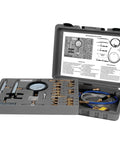Ultimate Fuel Injection Diagnostic Kit with 0 to 100 PSI gauge, boot, and adapters in a black carrying case, open view