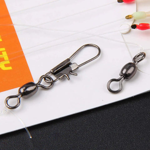 Close-up of durable swivels from Glow In The Dark Saltwater Fishing Bait Rig Set 15 Pack With Real Fish Skin Sharp Hooks