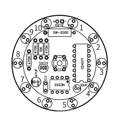 DIY Soldering Practice Kit For Electronics Learners, Training Board With NE555 and CD4017 LED spin wheel layout design.