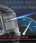 Close-up of Auto Darkening Welding Helmet With Blue Light Blocking, True Color View, Solar Powered Hood, Two Arc Sensors, Wide Shade Range 3.5/9-14, Pro Grade Gear For TIG MIG ARC And Grinding showing high-speed sensor detail with blue light.