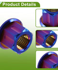 Set Of Six Rugged Titanium Motorcycle Axle Nuts With Grippy Burnt Blue Finish And M12x1.5 Thread angled view showcasing finish and threading.
