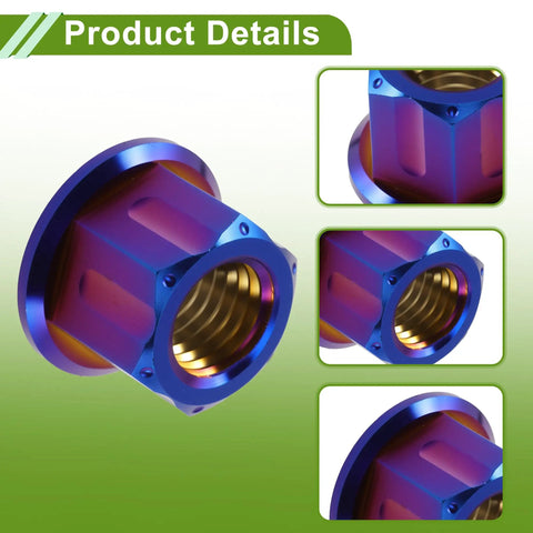 Set Of Six Rugged Titanium Motorcycle Axle Nuts With Grippy Burnt Blue Finish And M12x1.5 Thread angled view showcasing finish and threading.