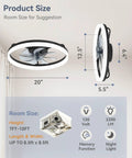 20 Inch Black Bladeless Ceiling Fan Drops Slick Integrated Looks With A Clean Seamless Silhouette Plus Bright Led Lighting Effortless App Control And A Tight Flush Mount Fit Perfect For Compact Rooms Where You Want Fresh Air That Feels Crisp, showcasing product dimensions and suggested room size.
